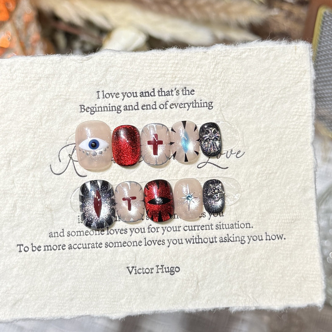 Artistic Press-On Nail Design Set with Unique Symbolic Accents Bowlift