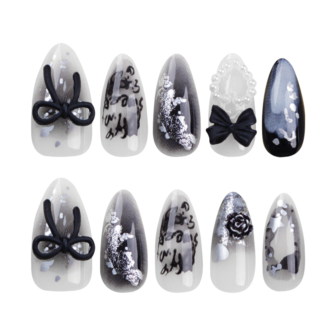 Artificial nail art with unique black and white design Bowlift