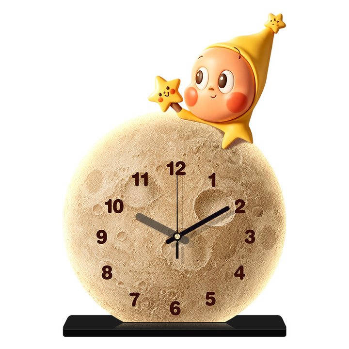 Lunar Texture Table Clock with LED Night Light and Star Character Bowlift