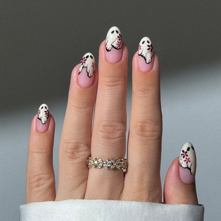 Artistic Press-On Nail Set with Floral and Ghost Design Bowlift