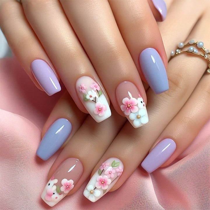Decorative Floral Press-On Nail Art Set with 3D Flower Accents Bowlift