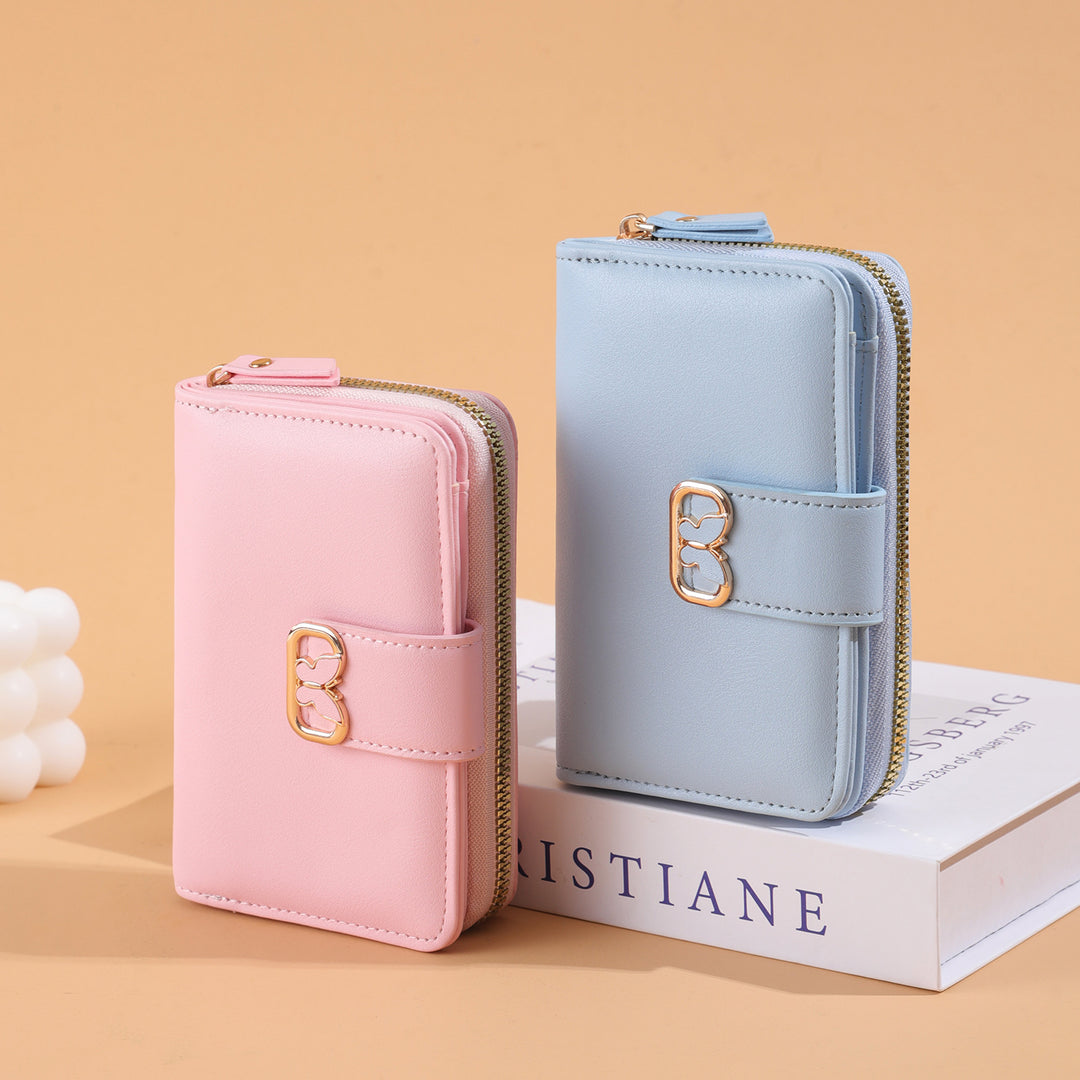 Compact Zip-Around Faux Leather Long Wallet with Butterfly Clasp Bowlift
