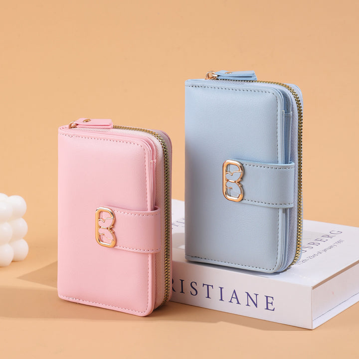 Compact Zip-Around Faux Leather Long Wallet with Butterfly Clasp Bowlift