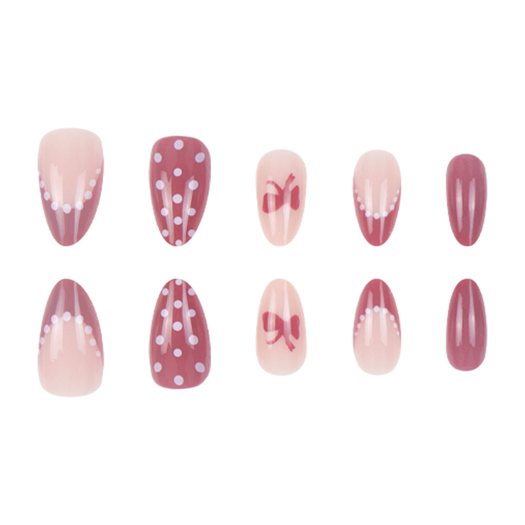 Artistic Press-On Nail Set with Bow and Polka Dot Design Bowlift