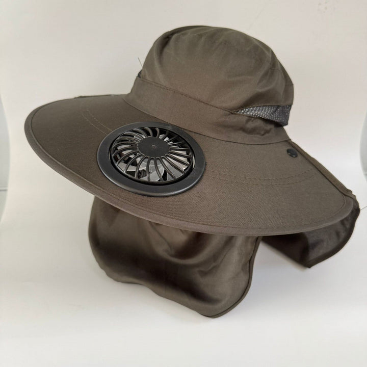 Non-ventilated sun hat with removable fan, neck protection, and adjustable chin strap Bowlift