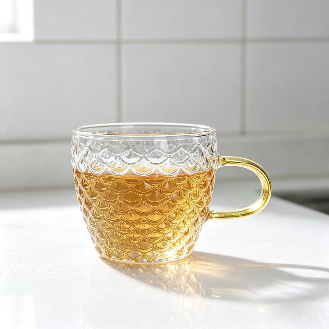 Hand-Blown Textured Glass Coffee Mug with Curved Decorative Handle Bowlift