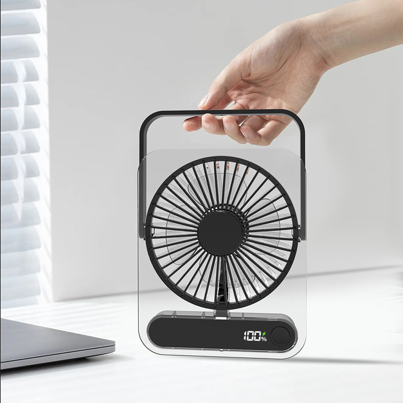 Cooling clear acrylic-framed rechargeable portable desk fan with digital battery percentage display and foldable handle Bowlift