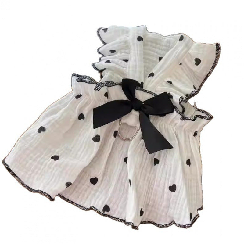 Cat Muslin Frill Dress with Heart Print Bow and Harness Loop Bowlift