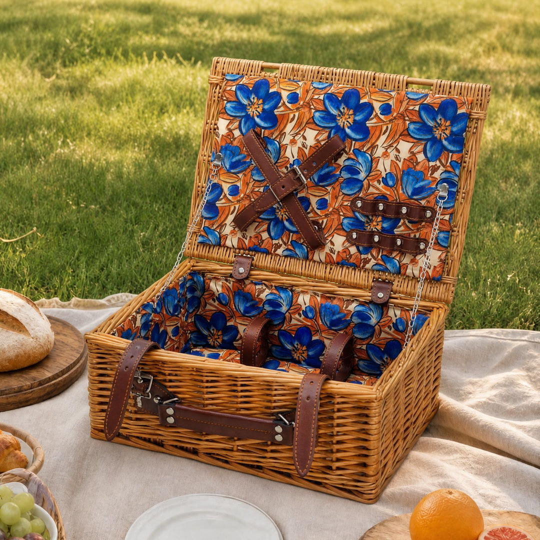 Ladies Luxury Picnic Basket with Offset Dish Compartment and Floral Lining Bowlift