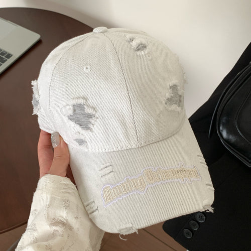 Distressed Denim Baseball Cap with Embroidered Detail