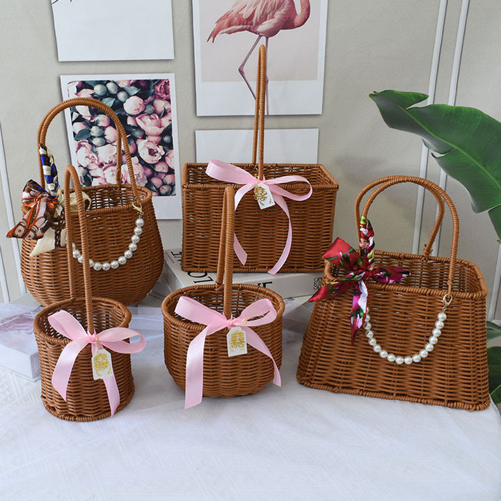 Chic Woven Handbag with Pearl Accent Bowlift
