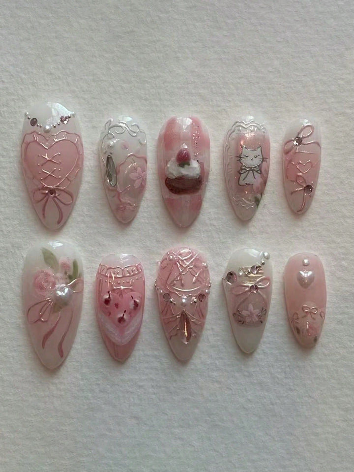 Artistic Heart-Embellished Press-On Nail Set Bowlift