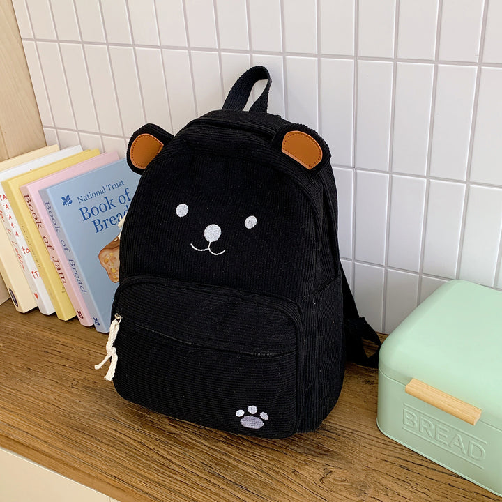 Cute Bear-Themed Corduroy Backpack