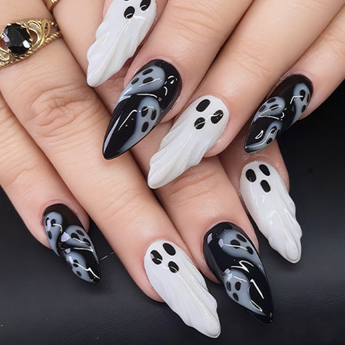 Artistic Ghost-Themed Nail Art Bowlift