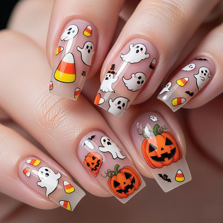 Creative Halloween Art Nails in Ghost and Pumpkin Design Bowlift