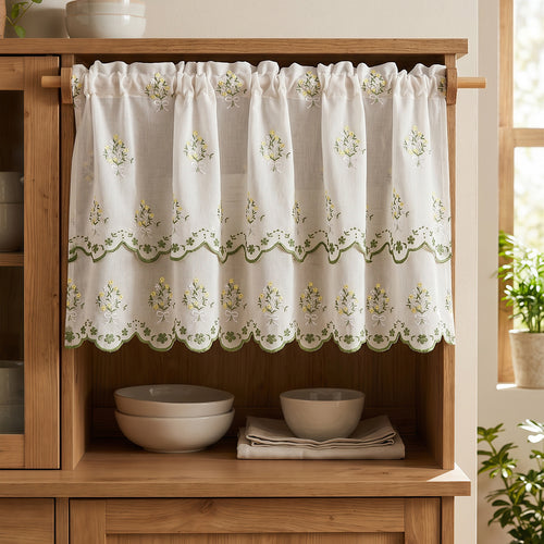 Floral Embroidered Kitchen Window Curtain