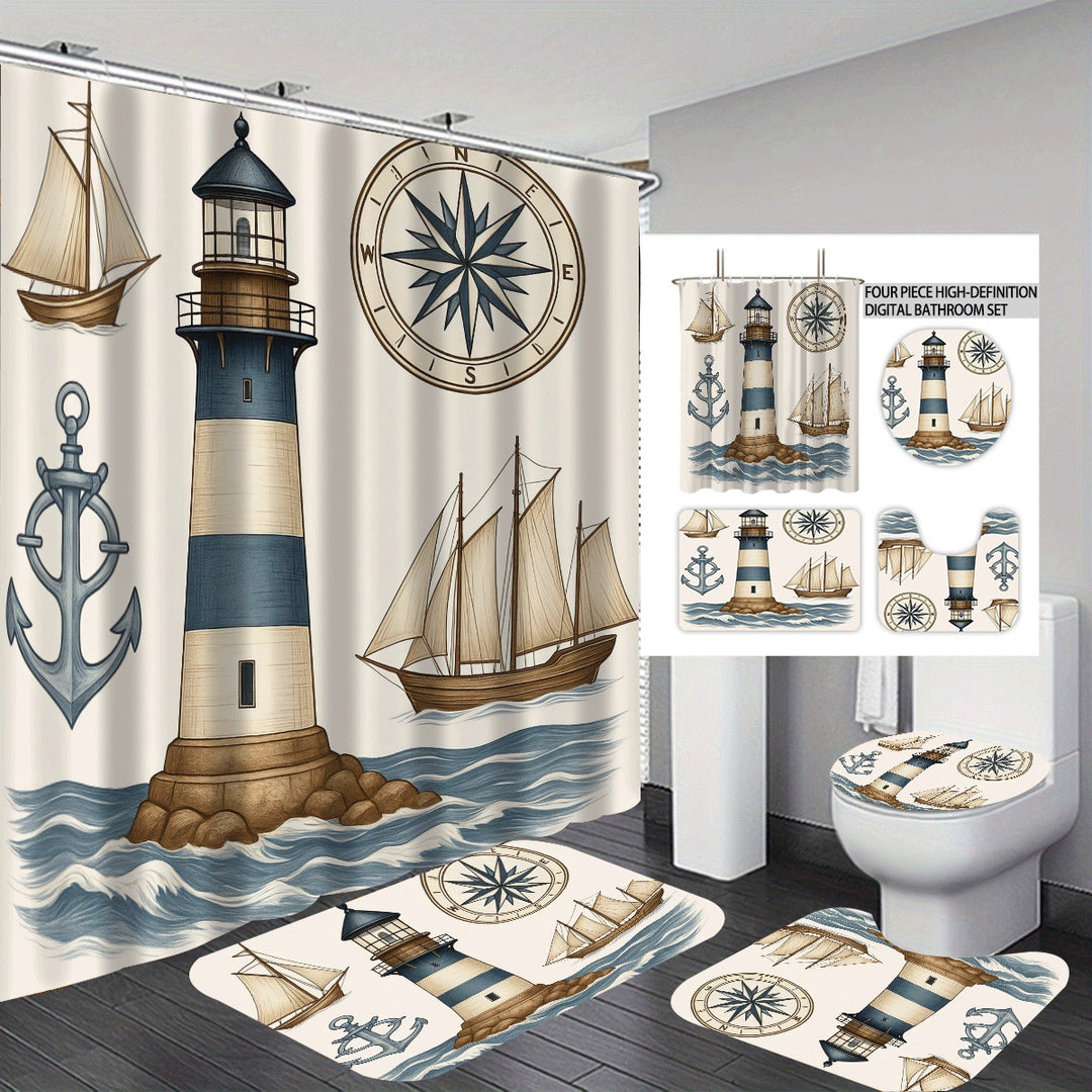 Coastal Lighthouse-Themed Four-Piece Bathroom Set Bowlift