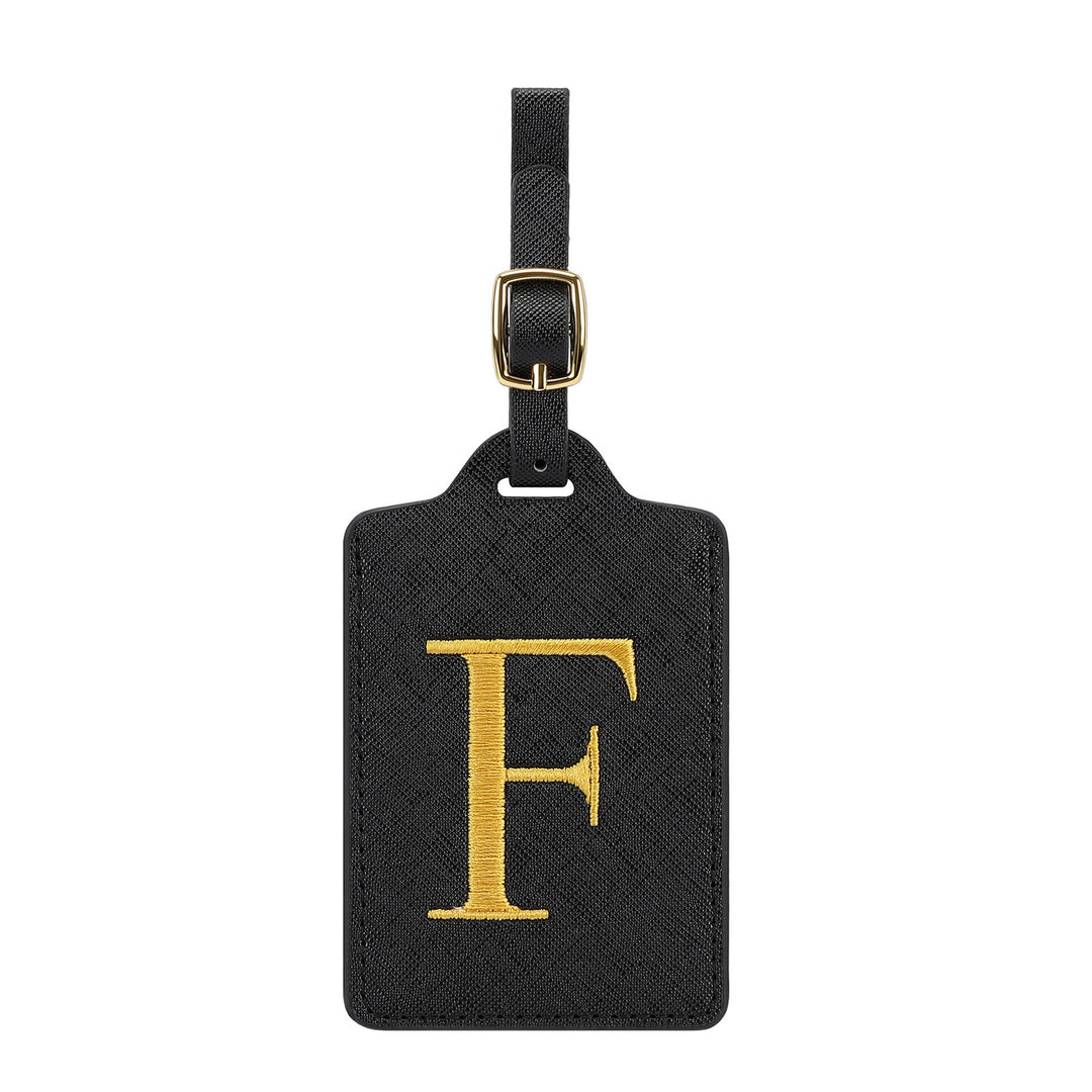 embroidered initial monogram leather luggage tag with adjustable buckle strap Bowlift