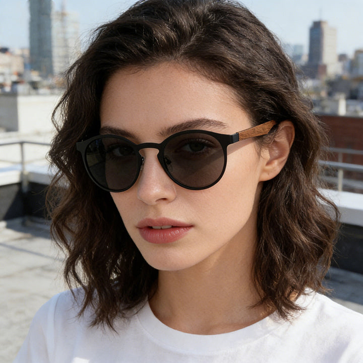 Rimless oversized cat eye polarized sunglasses with wood-effect temples Bowlift