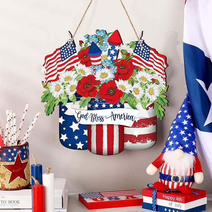 Unisex nan patriotic layered wooden door hanger with American flag buckets and floral bouquet Bowlift