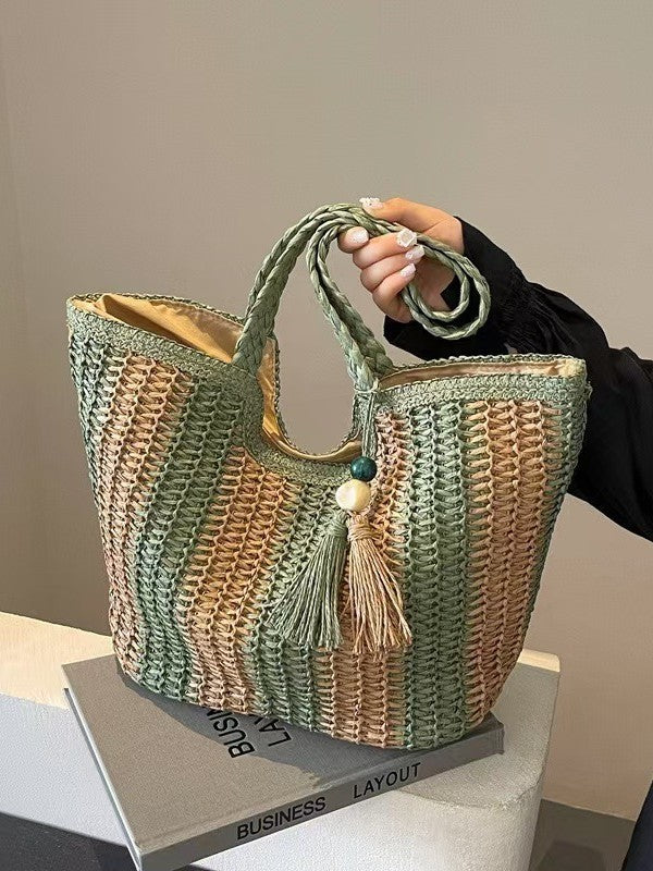 Designer Beach Bag with Textured Weave Bowlift