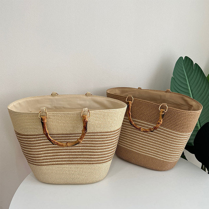 Stylish straw bag with high-quality wooden handle Bowlift