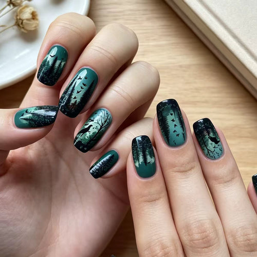 Art nails with creative forest scene design Bowlift