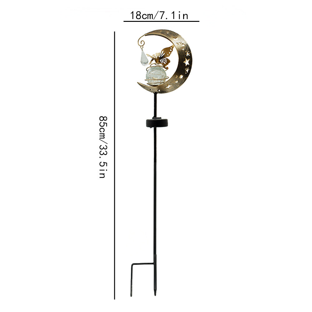 Decorative Crescent Moon Solar Garden Stake Lamp With Hanging Crystal Orb And Butterfly Bowlift