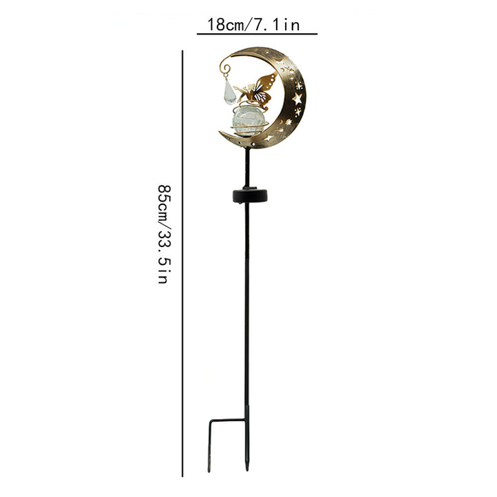 Decorative Crescent Moon Solar Garden Stake Lamp With Hanging Crystal Orb And Butterfly Bowlift