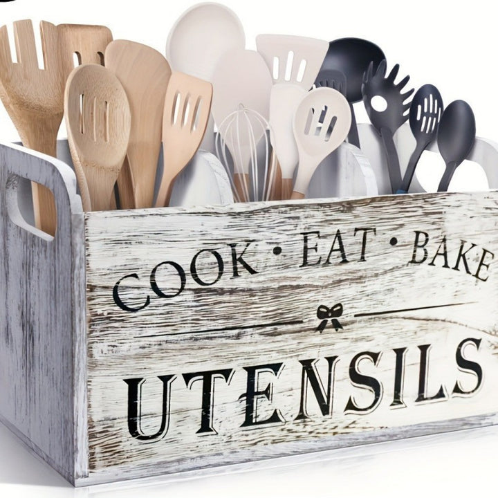 Rustic Farmhouse Kitchen Utensil Organizer Crate with Triple Compartments Bowlift