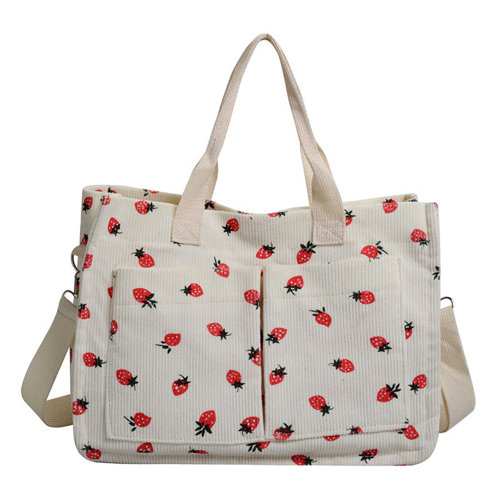 WoStylish Multi-Pocket Strawberry Print Canvas Tote Bag Bowlift