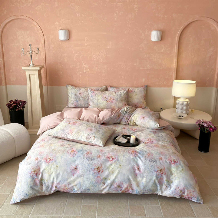 Luxury Floral Duvet Cover Set with Reversible Solid Sheet and Pillow Shams