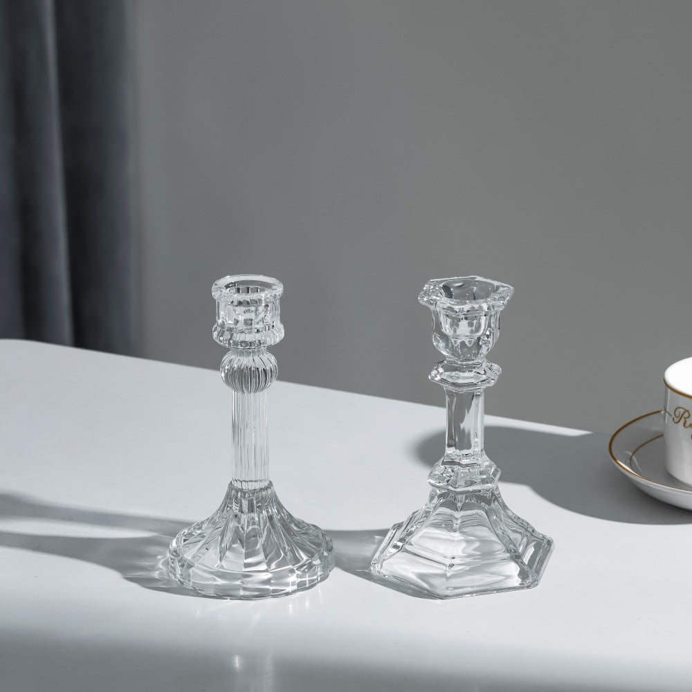 Pressed Crystal-Style Ribbed Glass Taper Candle Holder Bowlift