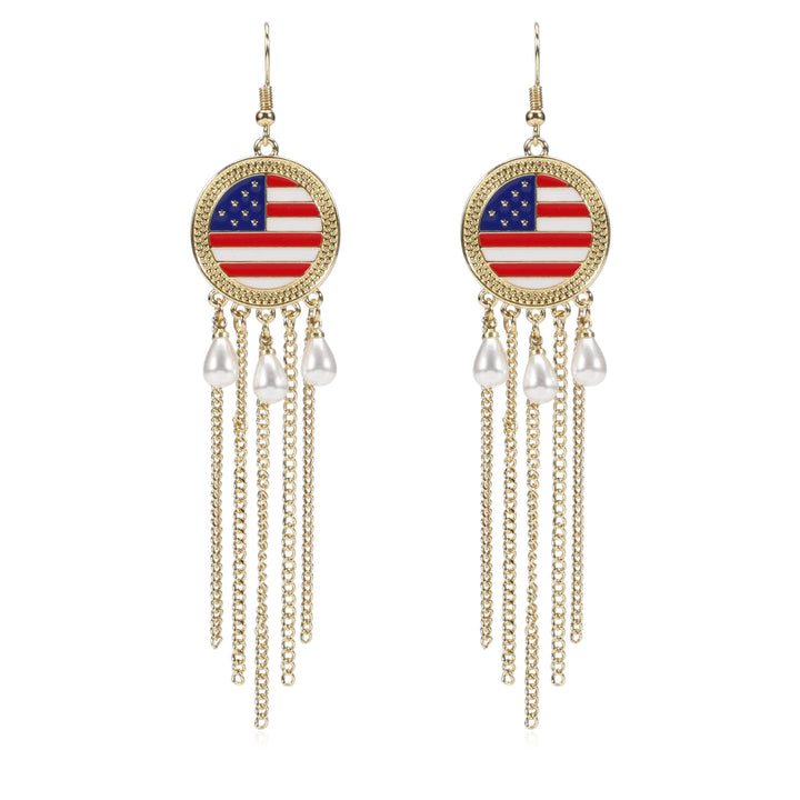 Women's nan long beaded fringe dangle earrings with enamel flag medallion and crystal drops Bowlift