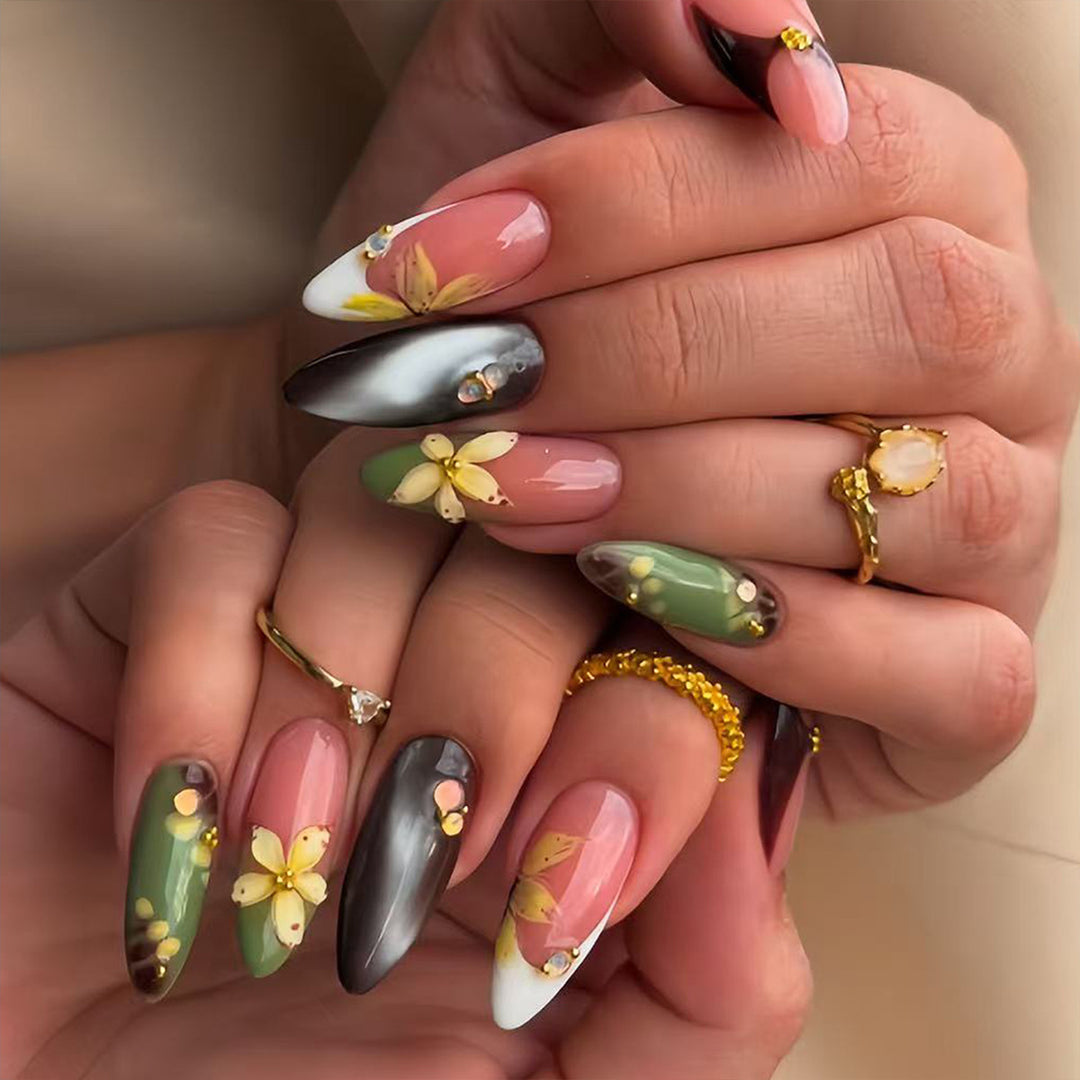 Artificial nails with handcrafted floral designs Bowlift