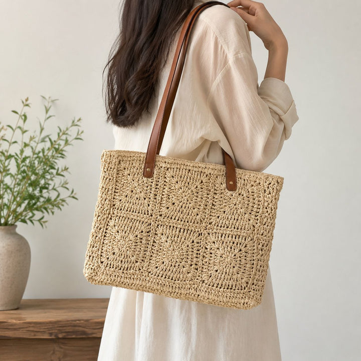 Braided jute bag with leather handles Bowlift