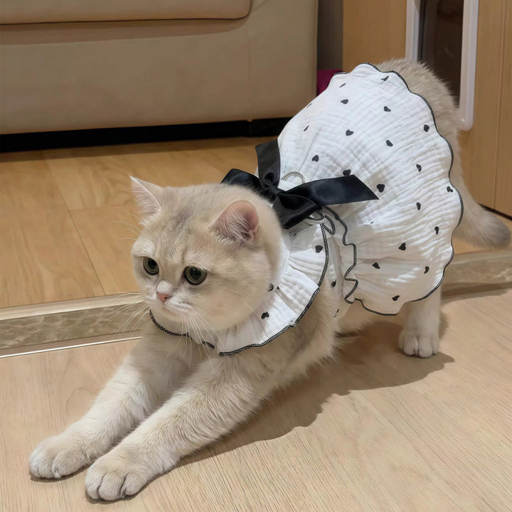 Cat Muslin Frill Dress with Heart Print Bow and Harness Loop Bowlift