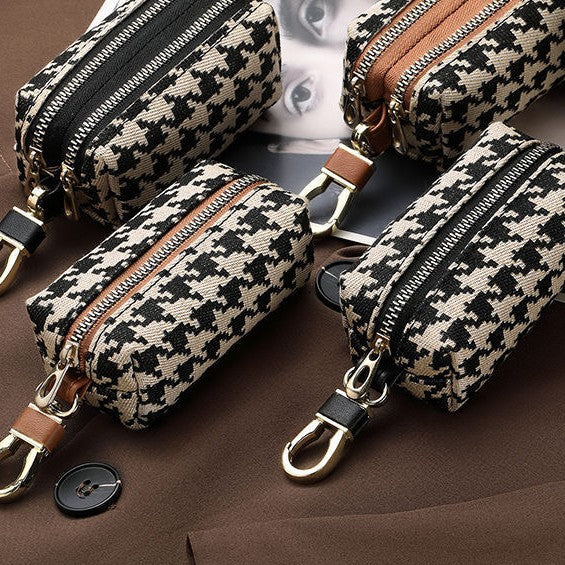 Double-Zippered Houndstooth Pattern Cosmetic Pouch Bowlift