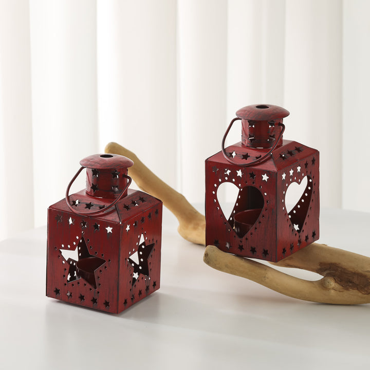 Distressed Shabby-Chic Square Tea Light Lantern with Christmas Tree Cutouts Bowlift