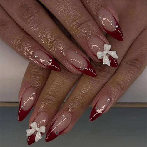 Decorative Press-On Nail Art Set with Elegant Ribbon Accents Bowlift