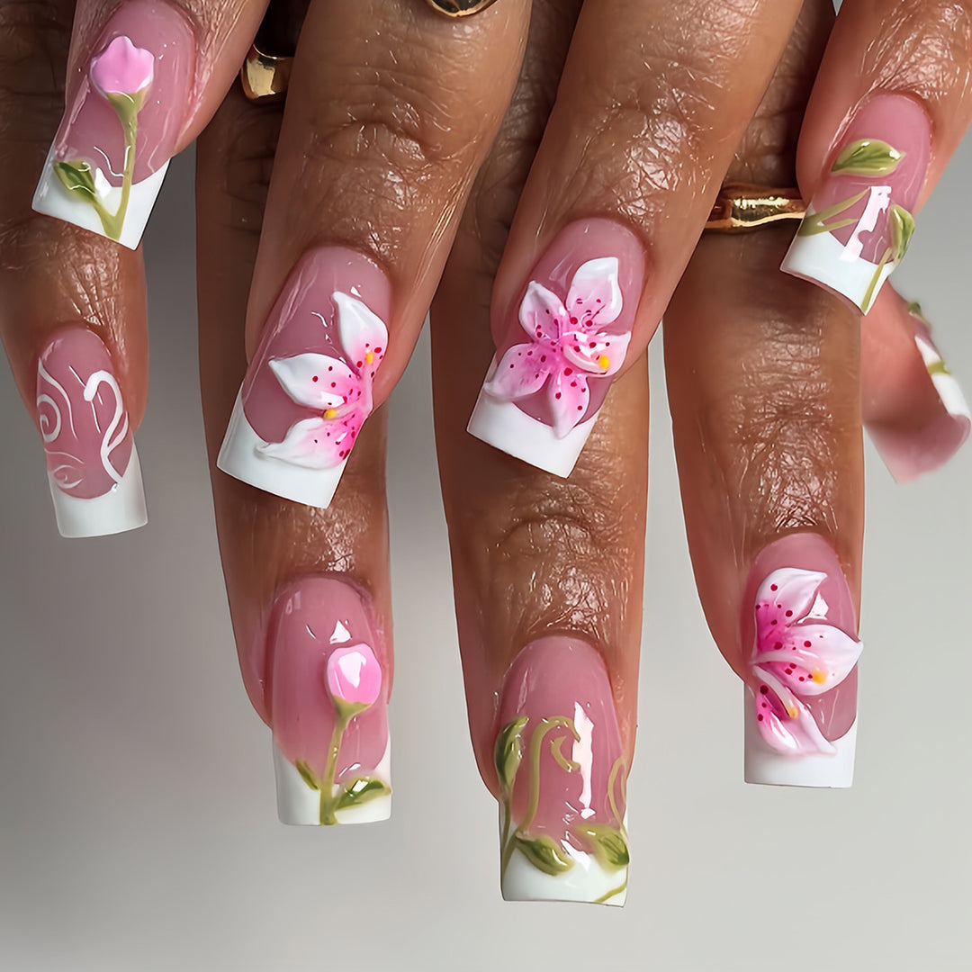 Artificial nails with handcrafted floral designs Bowlift