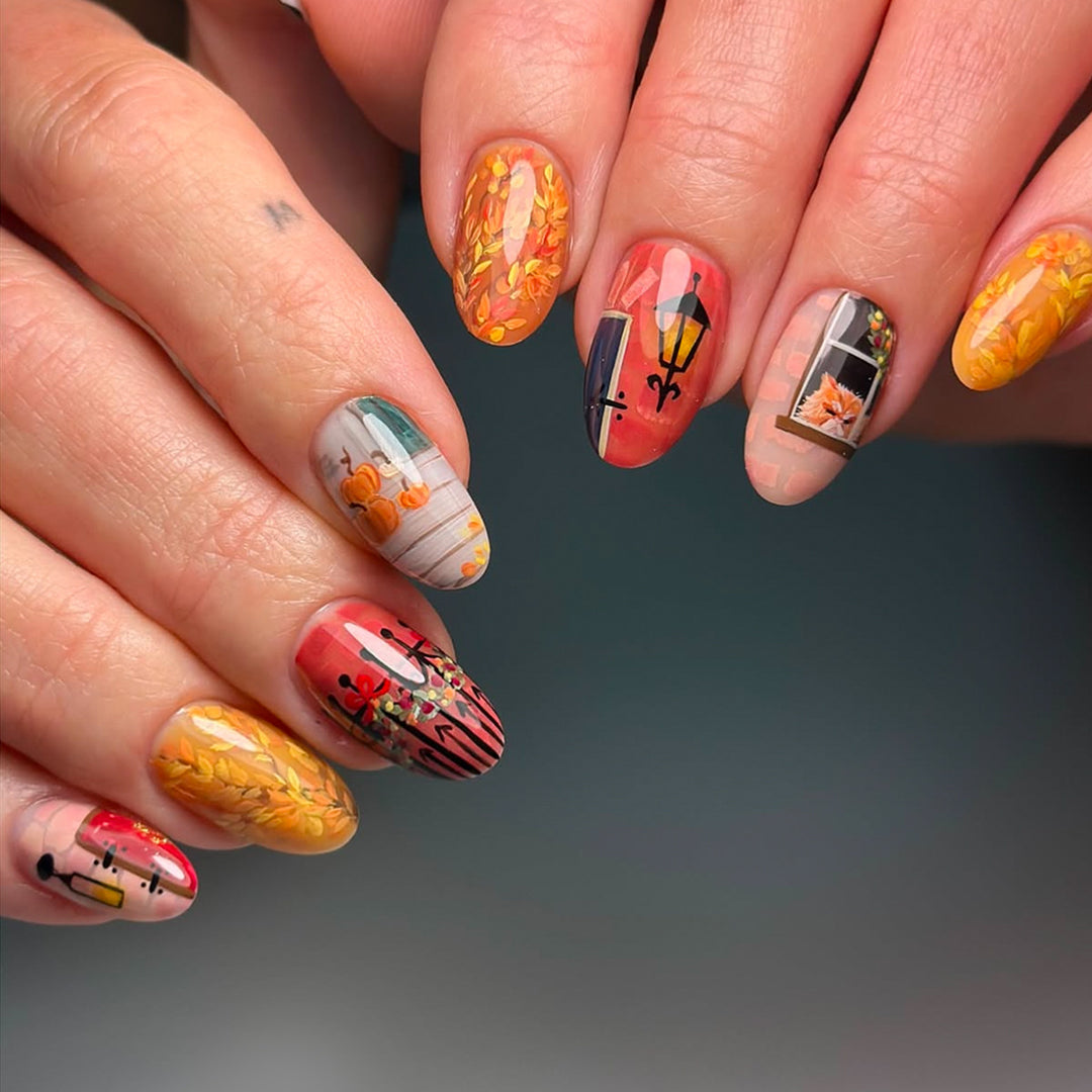 Artificial Nails in Creative Autumn Design Bowlift