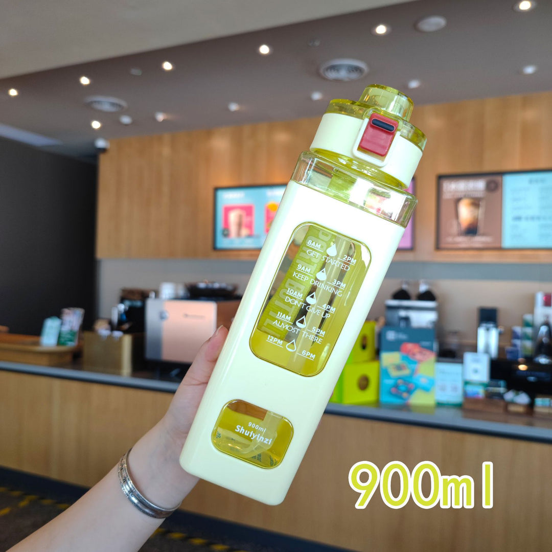 Women's water bottle with integrated time markers and straw Bowlift
