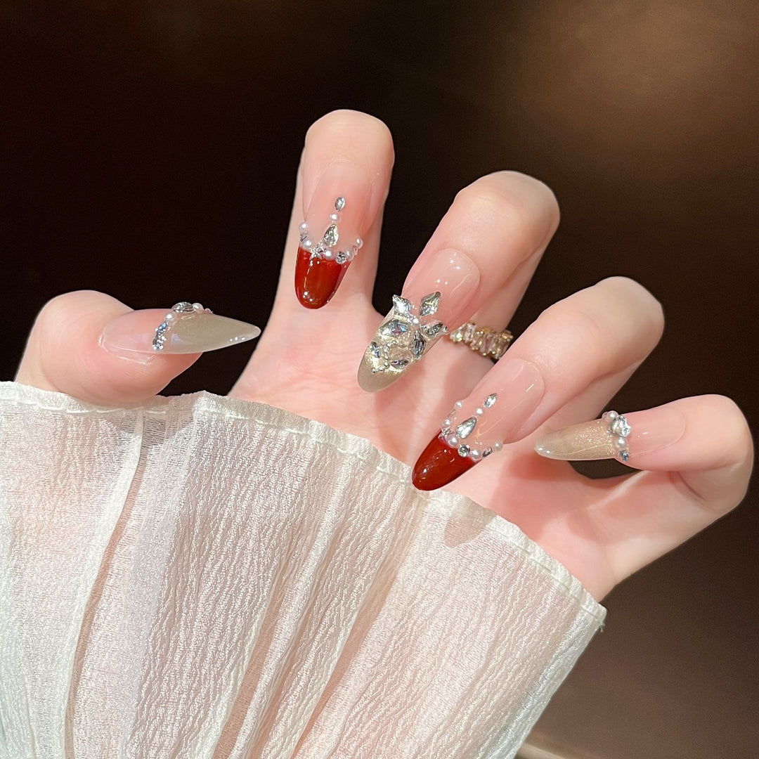 Elegant Decorative Press-On Nail Extensions with Pearls Bowlift