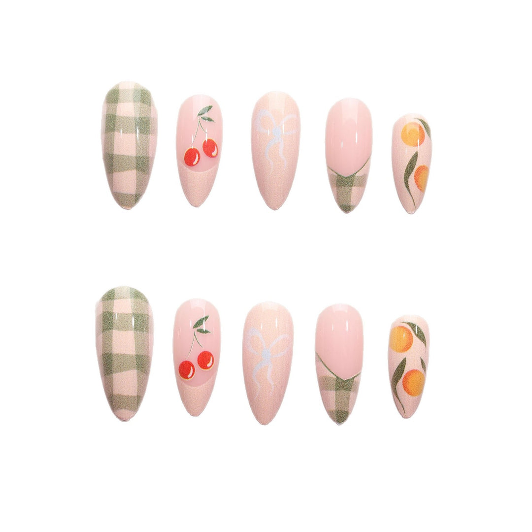 Artistic Press-On Nail Art Design Set with Fruit Accents Bowlift
