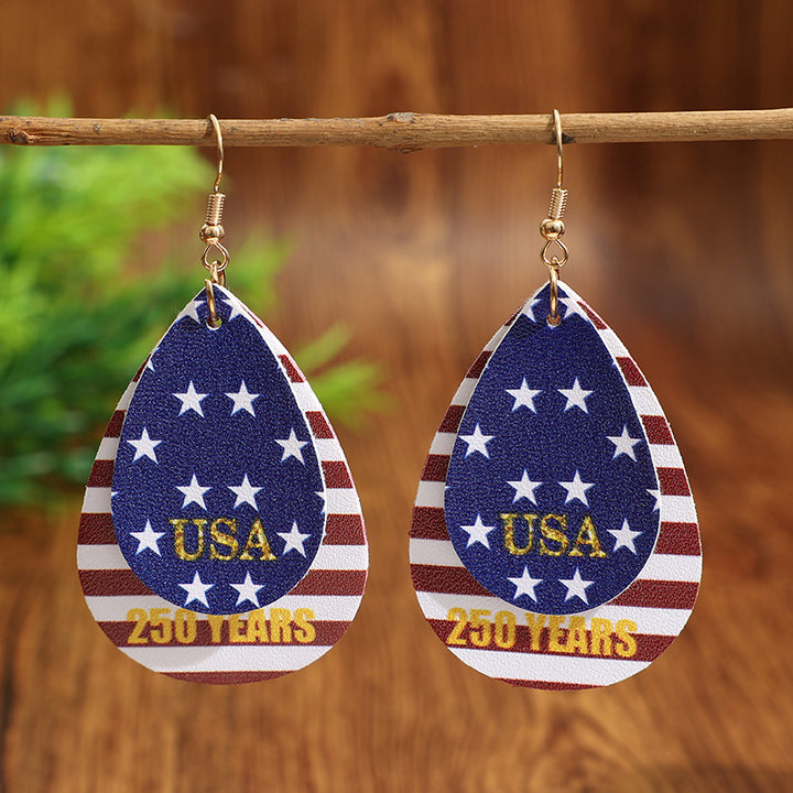 Women's nan layered teardrop patriotic faux leather dangle earrings with gold-tone fishhook Bowlift