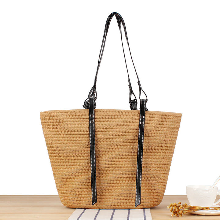 Elegant Beach Bag Made of Woven Natural Material with Stylish Leather Accents Bowlift