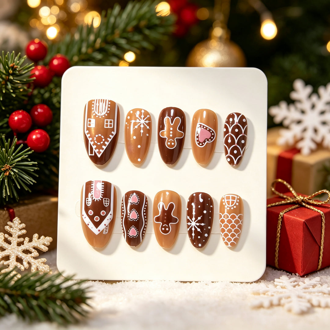 Gingerbread-Themed Holiday Press-On Nail Art Set Bowlift
