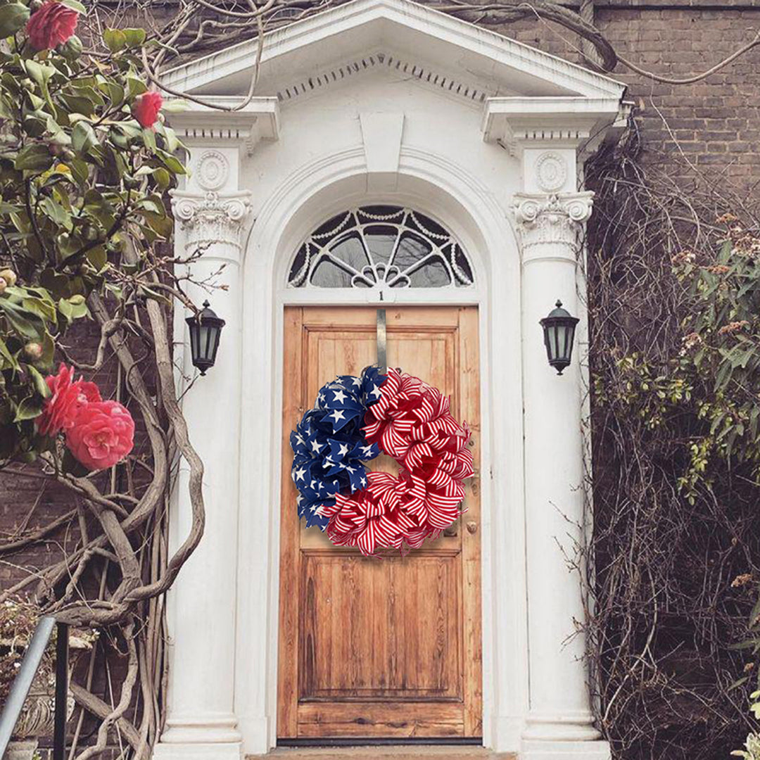 Unisex nan Americana star and stripe mesh front door wreath with full-bodied deco ribbon and over the door hanger Bowlift