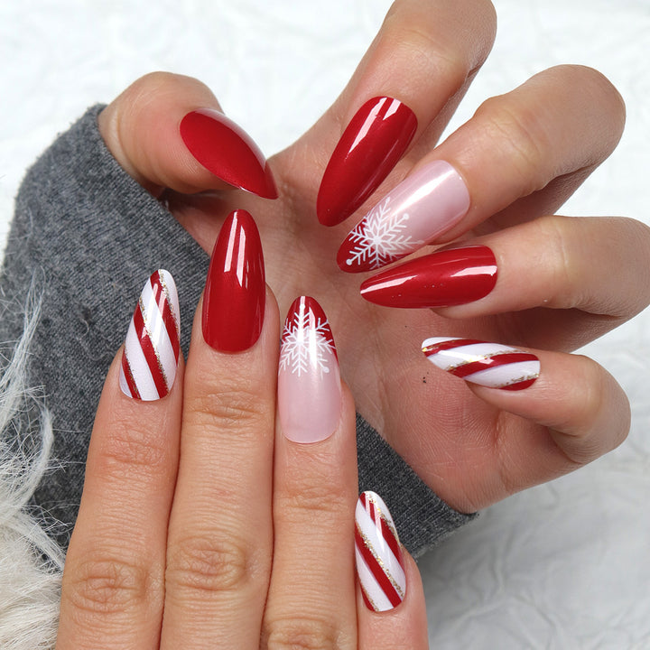 Elegant Holiday-Themed Stiletto Press-On Nails Bowlift
